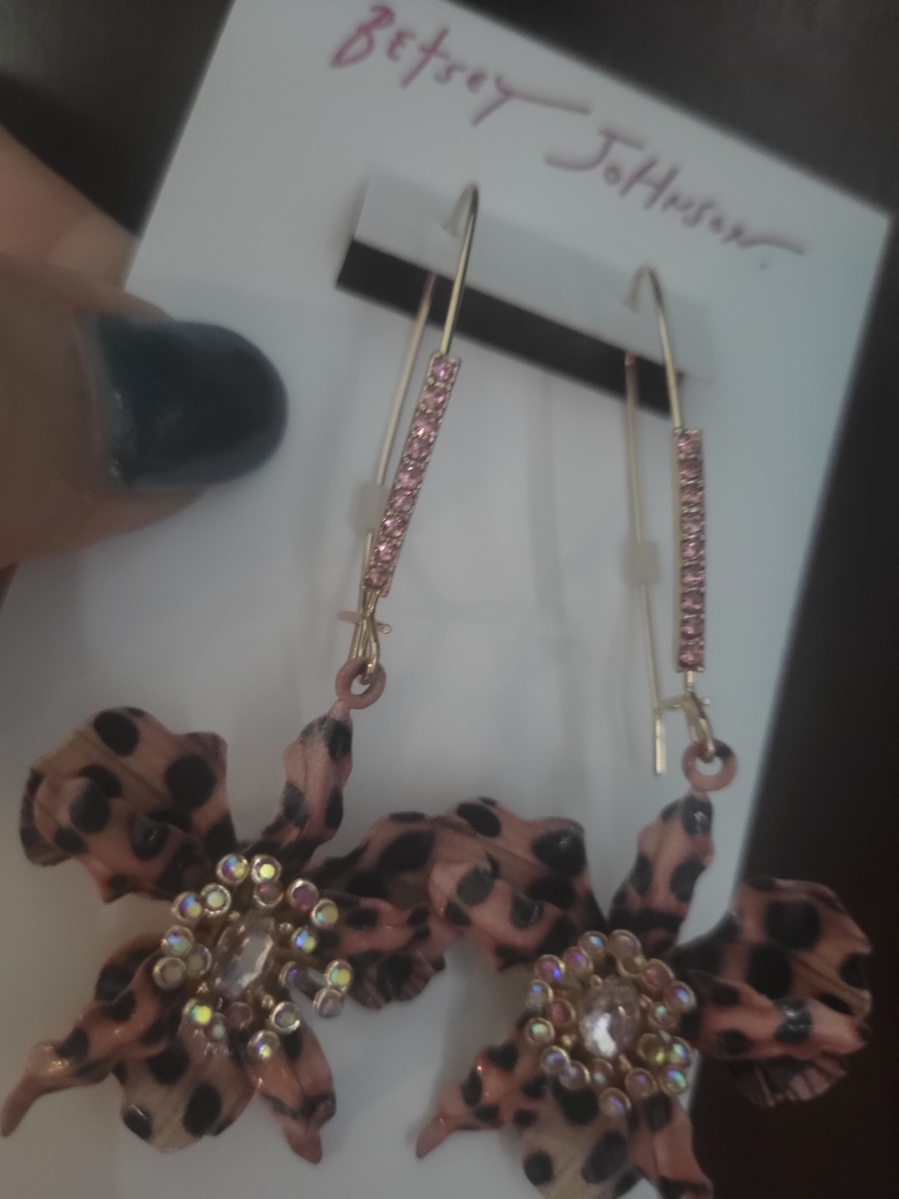 Betsey Johnson Leopard Floral Drop Earrings with Pink Crystal Bars